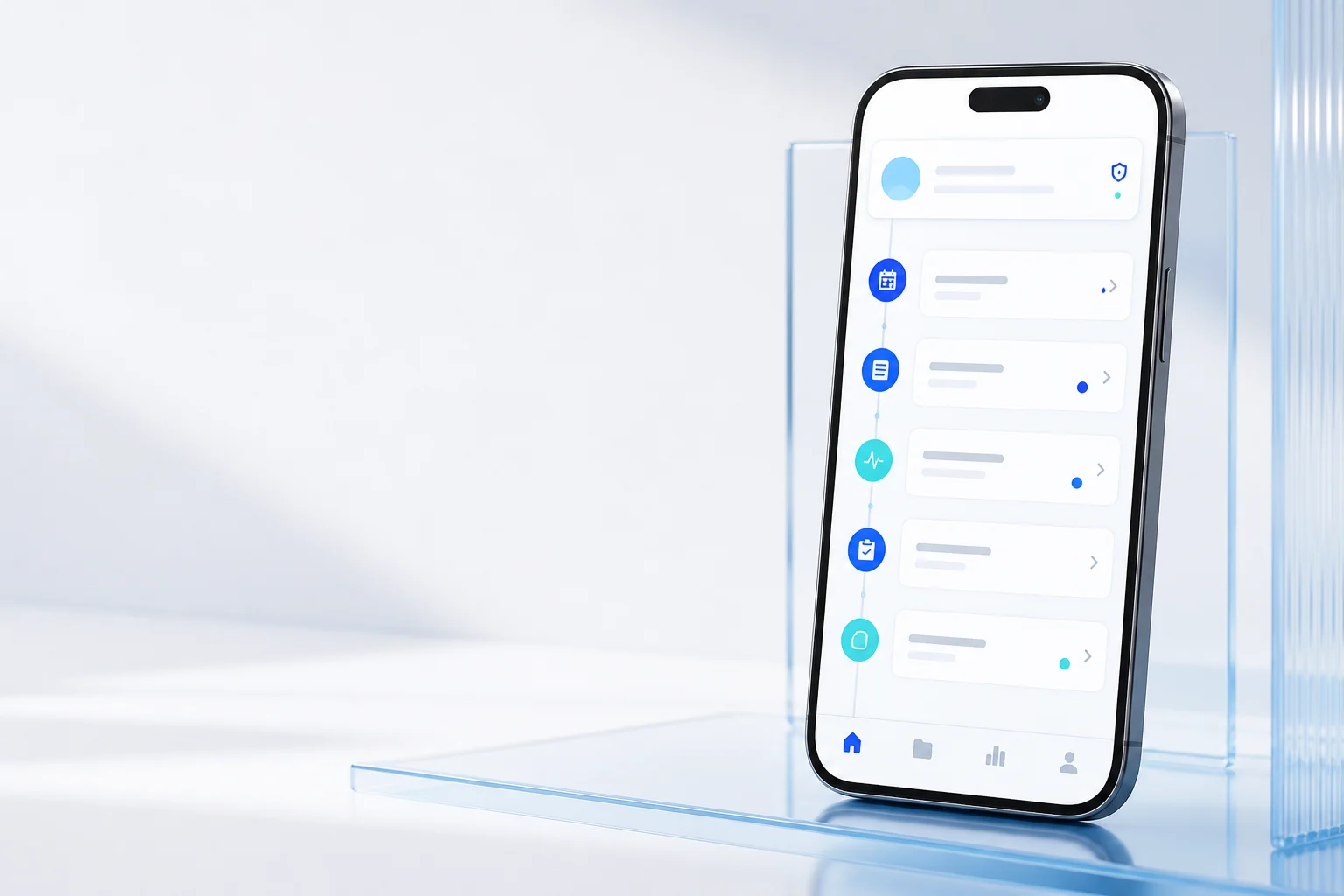 Smartphone con una cronologia clinica organizzata nell’app Neviadoc